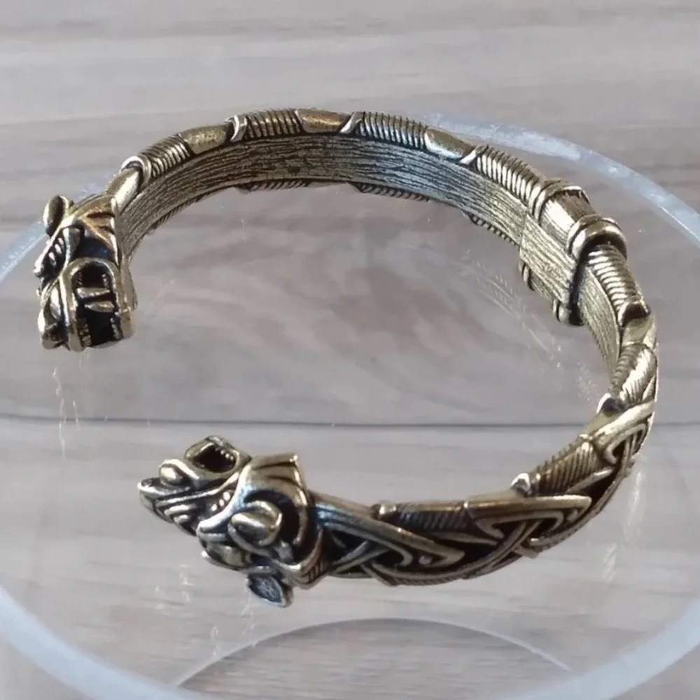 Silver Wolf Head Viking Norse Knotwork Cuff Bangle Bracelet